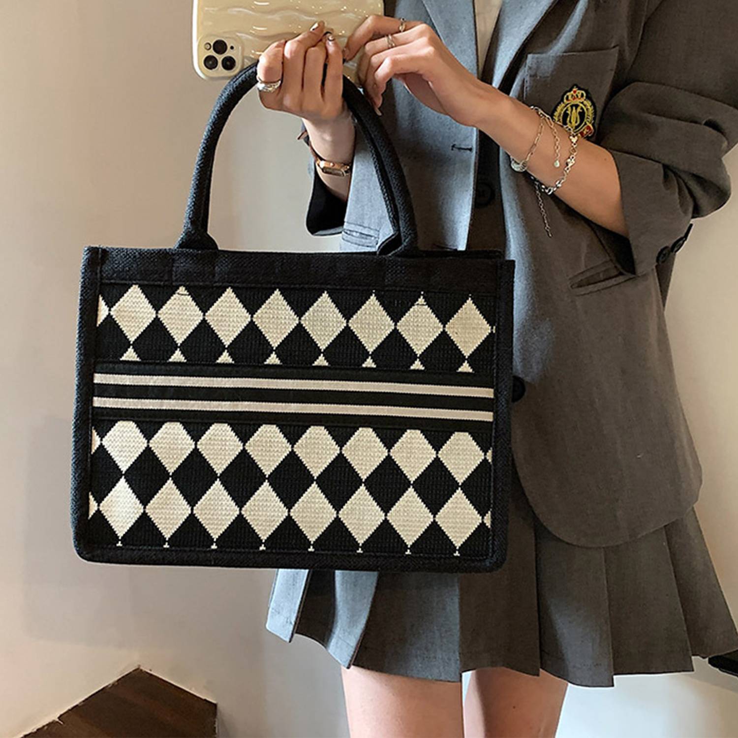 Large Capacity Canvas Tote Bag Black and White Checkerboard, custom tote bag with logo imprint 6