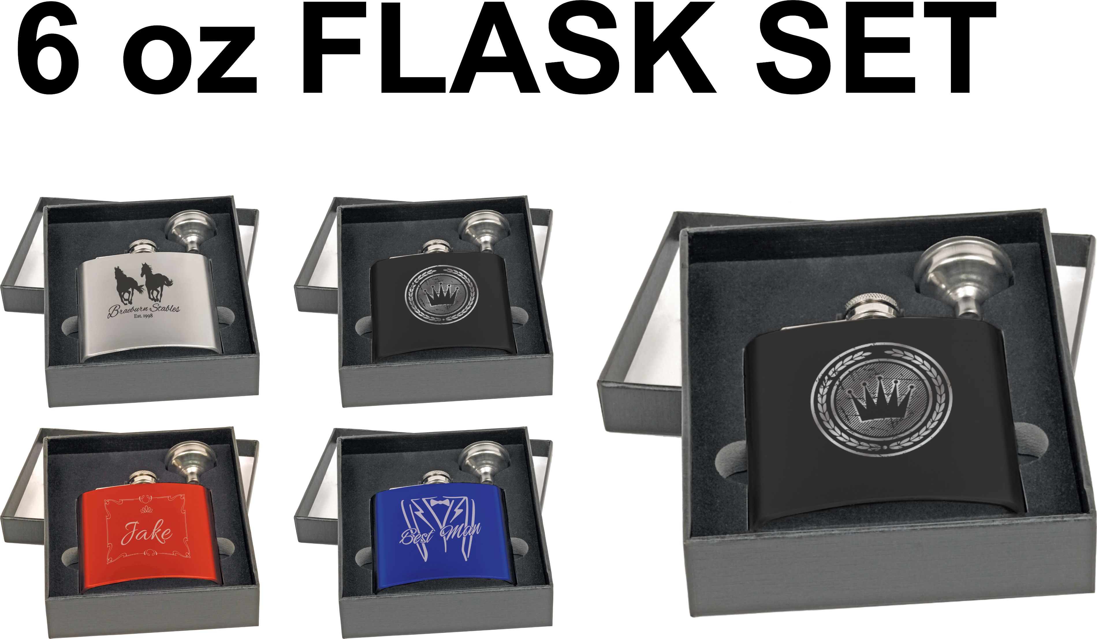6 Oz. Single Black Flask Set in Presentation Box