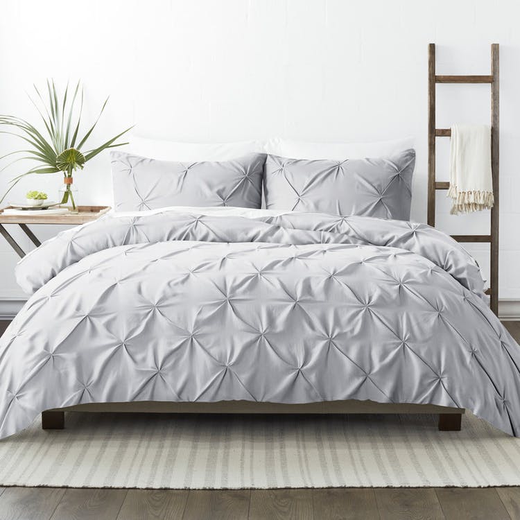 Pleated Duvet Cover Sets - Light Gray Full-Queen 3 Piece 1