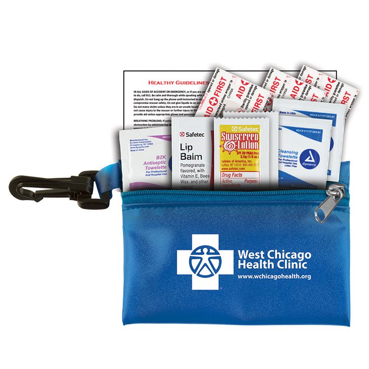 "LYON" 10 Piece First Aid Sun Kit in Translucent Zipper Pack with Plastic Carabiner Attachment 1