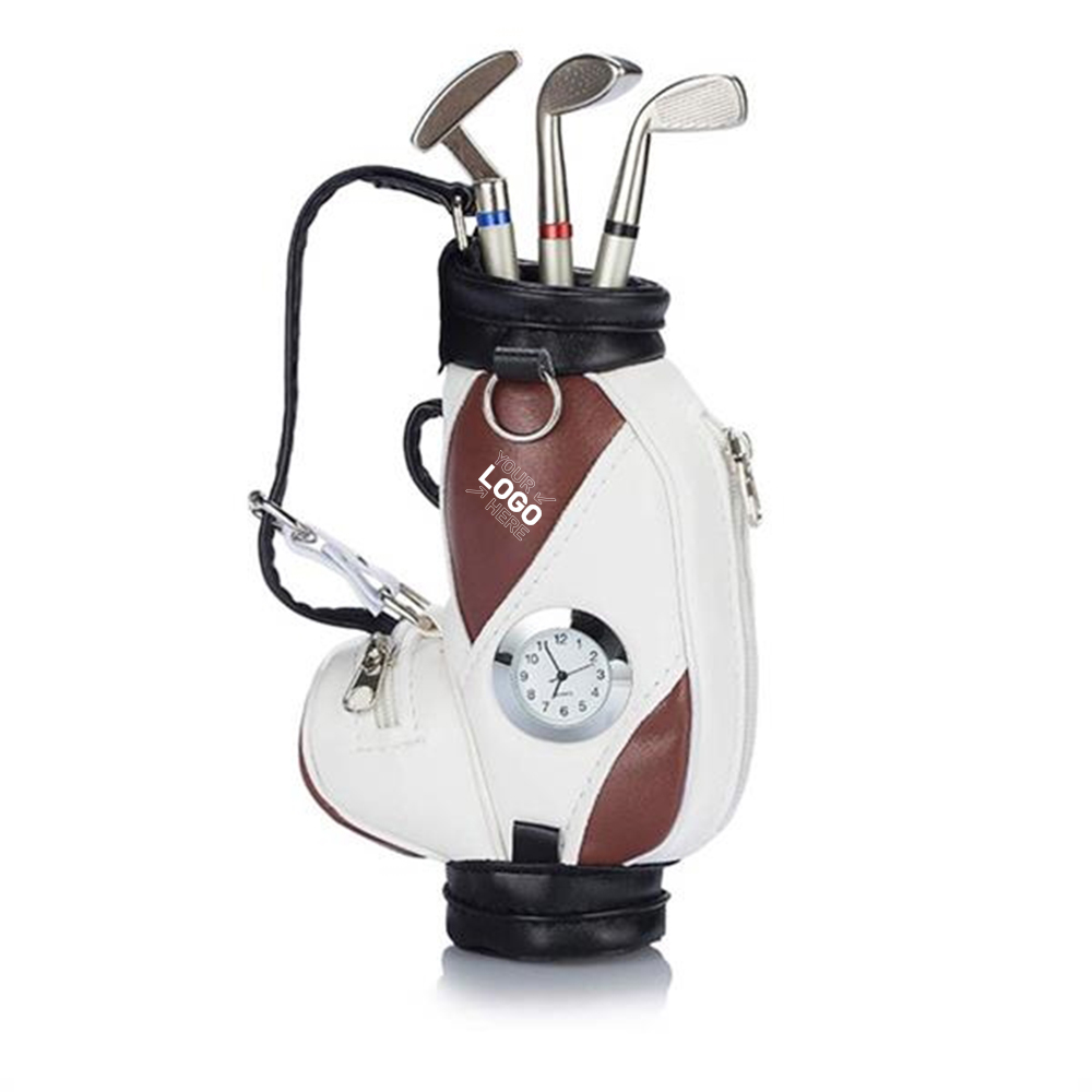 Mini Desktop Golf Bag Pen Holder With Clock 3