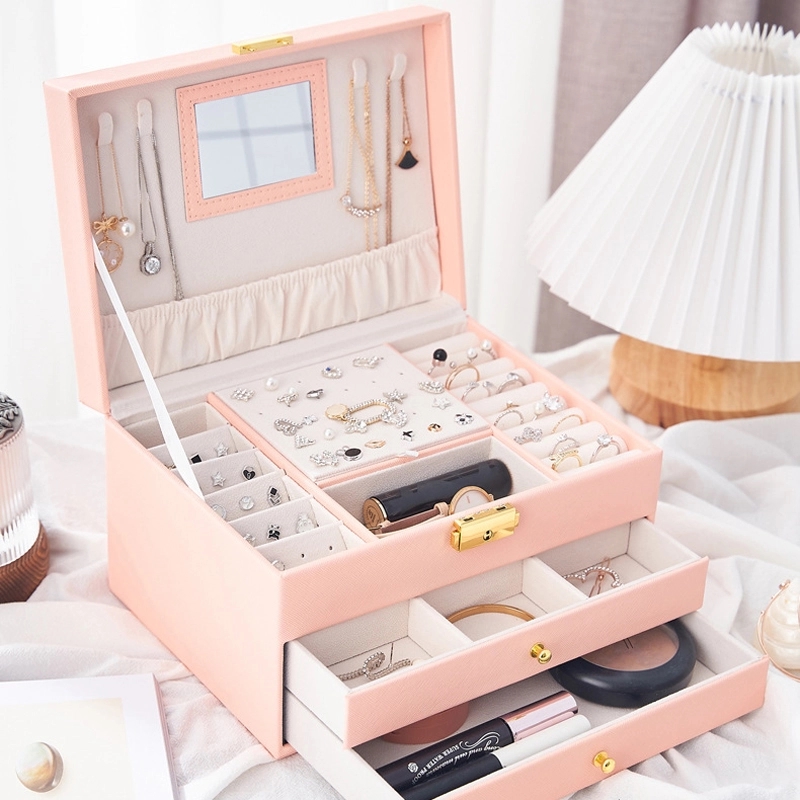 Custom 3-Layer PU Jewelry Organizer Box with Drawer & Mirror 15