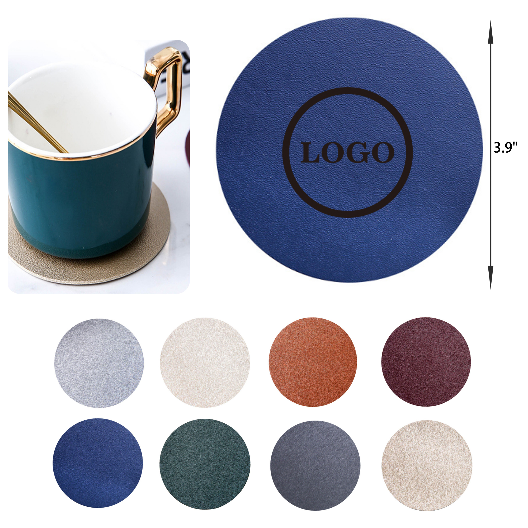 MOQ 50 PCS Waterproof Solid Color Round Leather Coaster 4