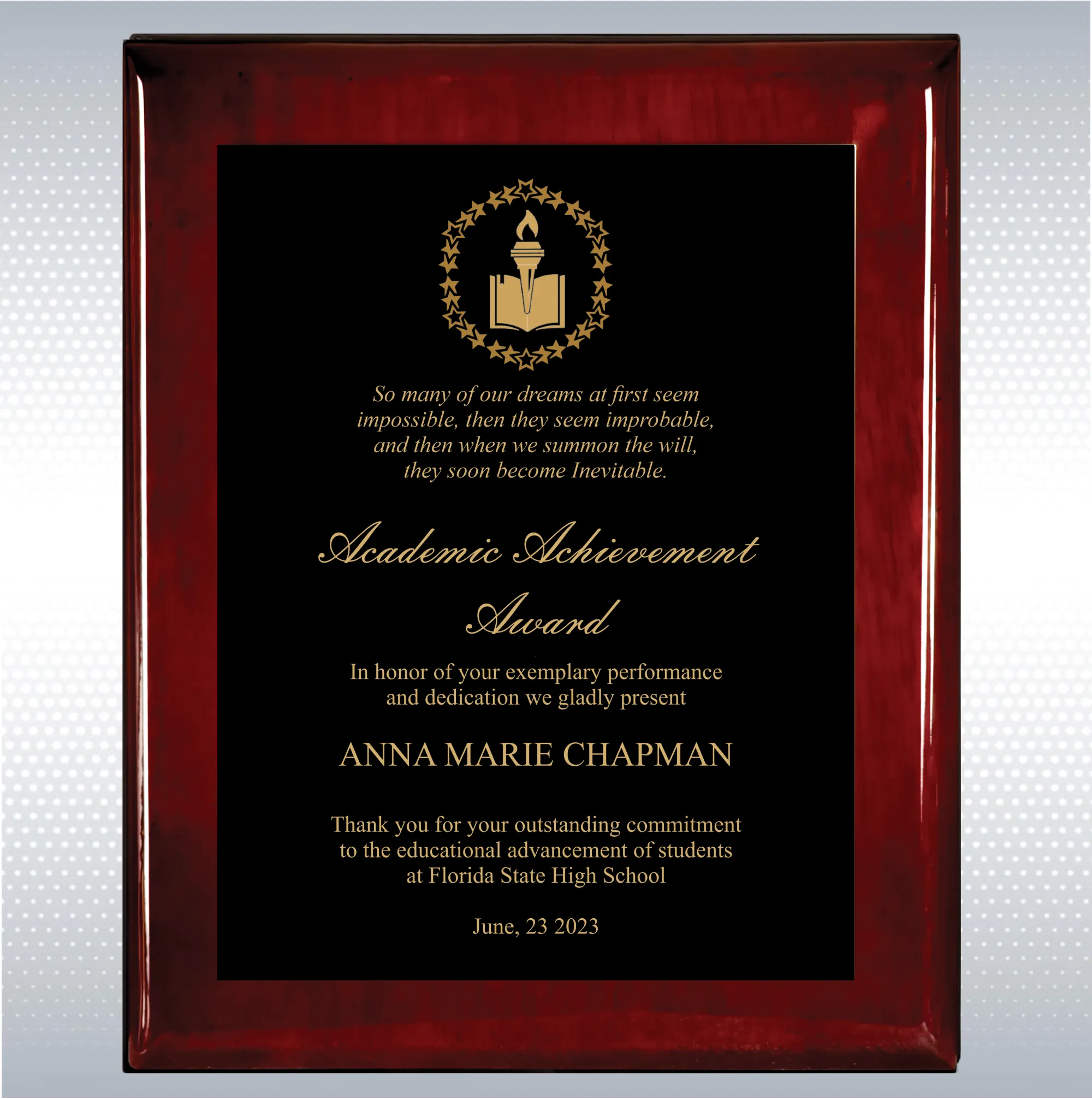 Rosewood Piano Finish Wood Plaque Academic Achievement 20
