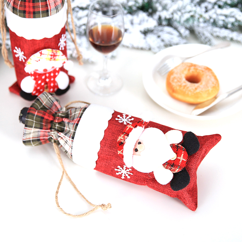Christmas Wine Bottle Doll Plaid Drawstring Bag 3