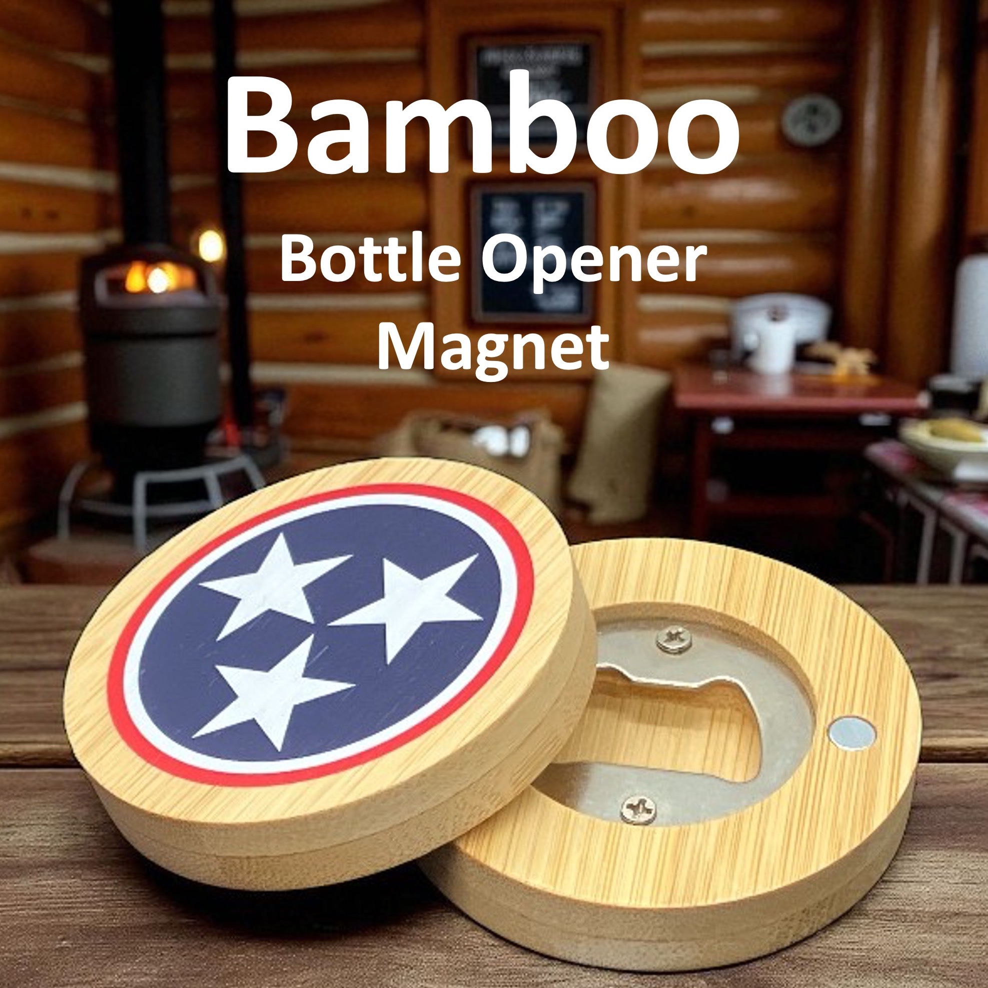2.5" Round BAMBOO Bottle Opener Magnet 49