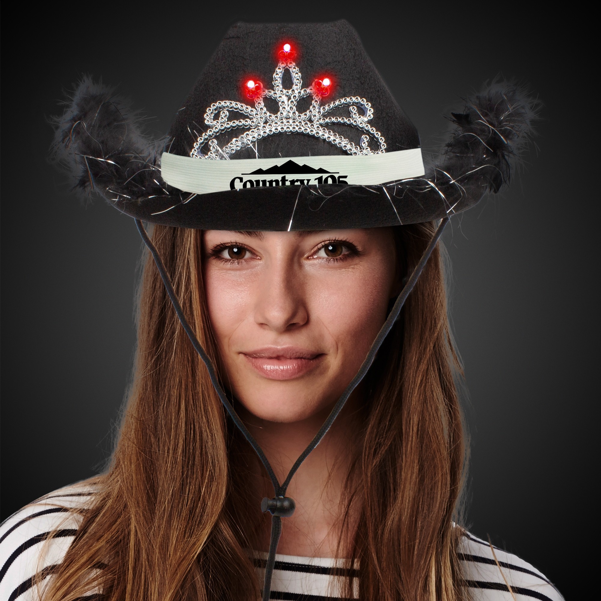 Black Light Up Cowboy Hat w/ Tiara and Feather(White Imprinted Band) 5