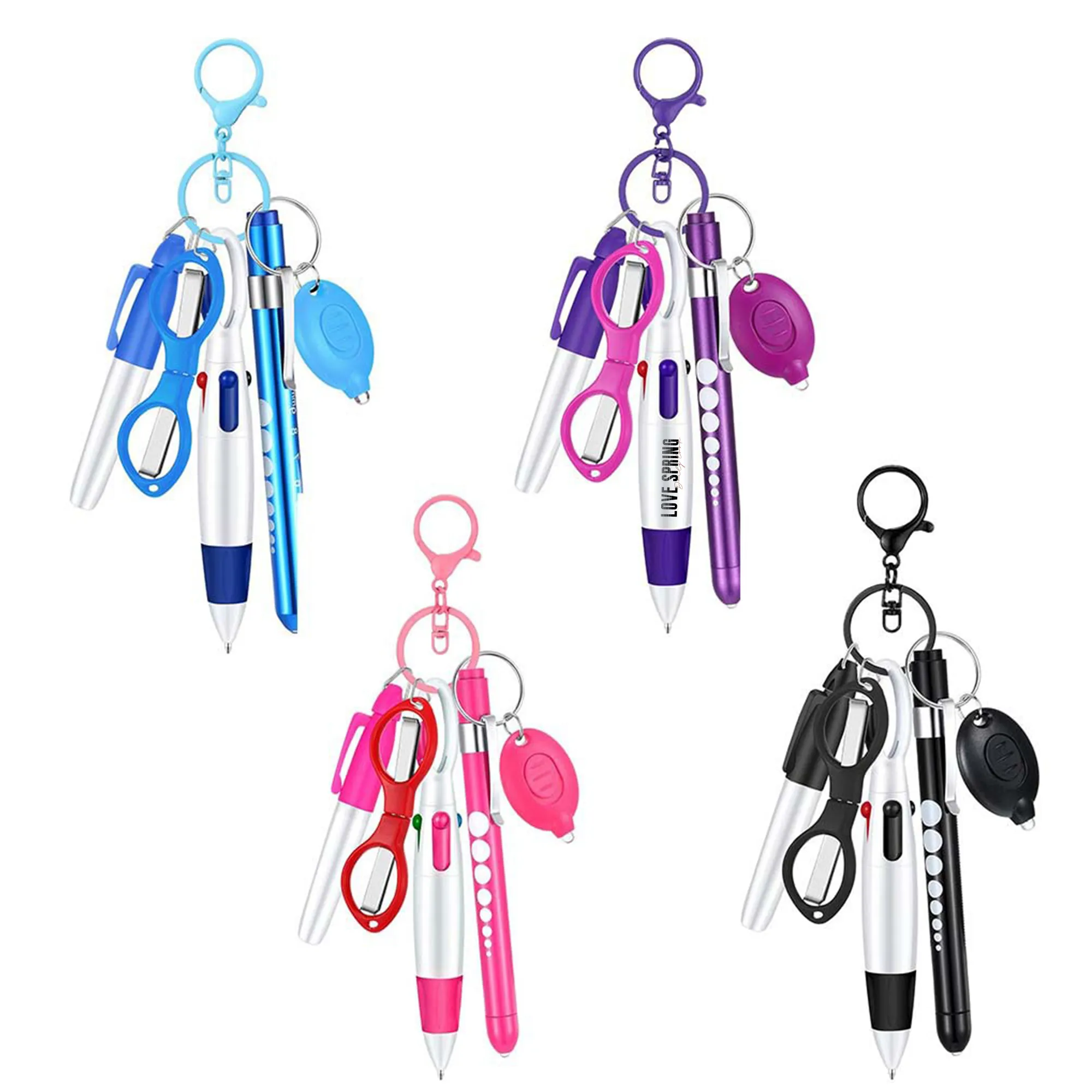 Ballpoint Pen Set with Flashlight Foldable Scissors Keychain