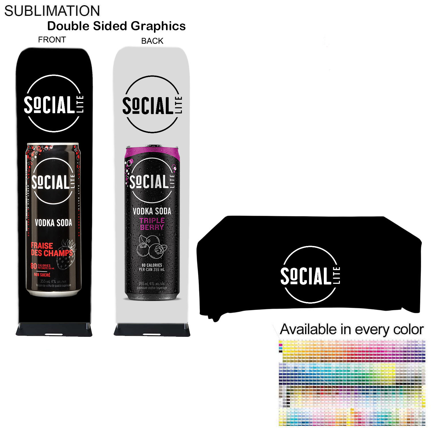 Event package, 2'W Fabric banner with steel base and Premium 6' tablecloth open back 18