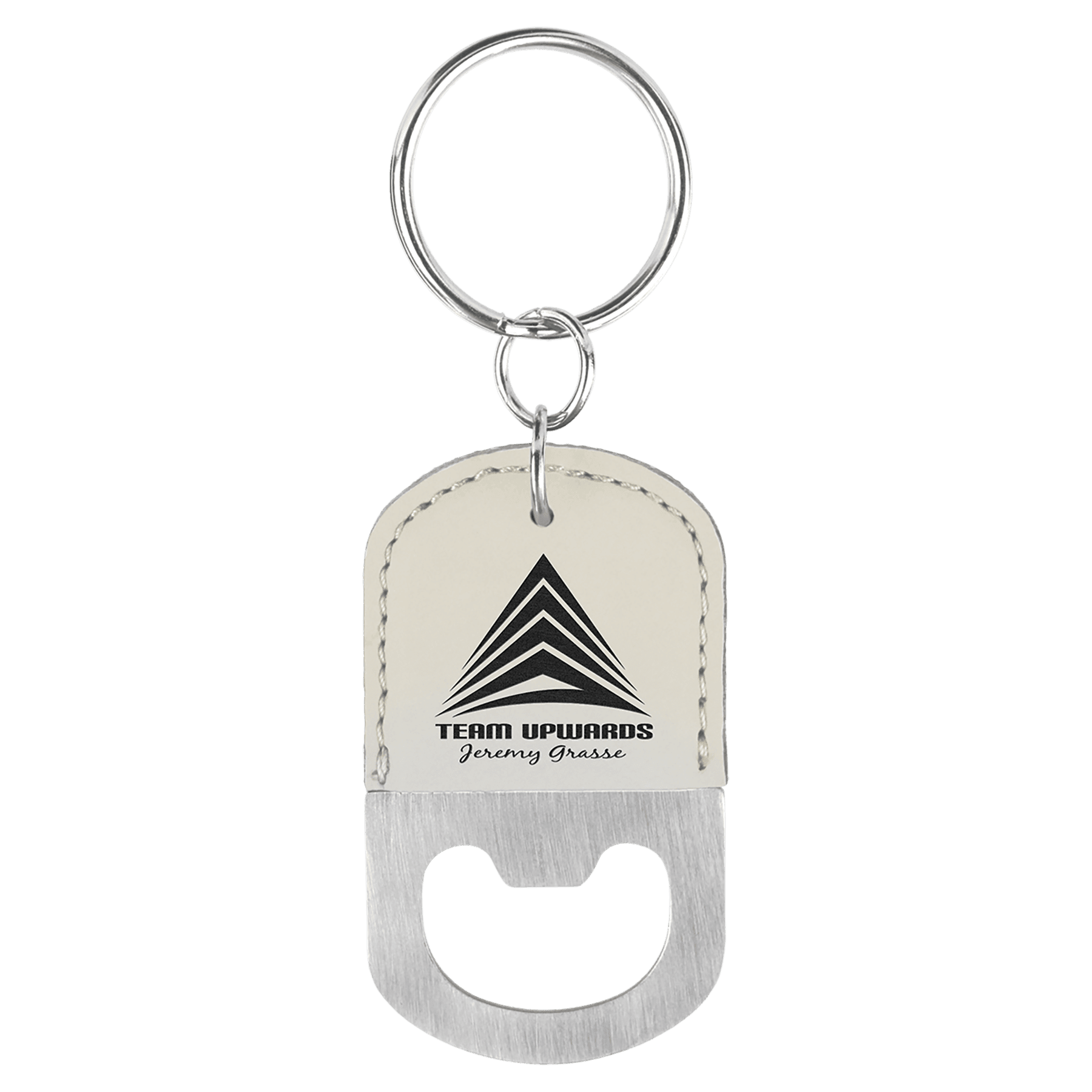 White Leatherette Oval Bottle Opener Keychain 1