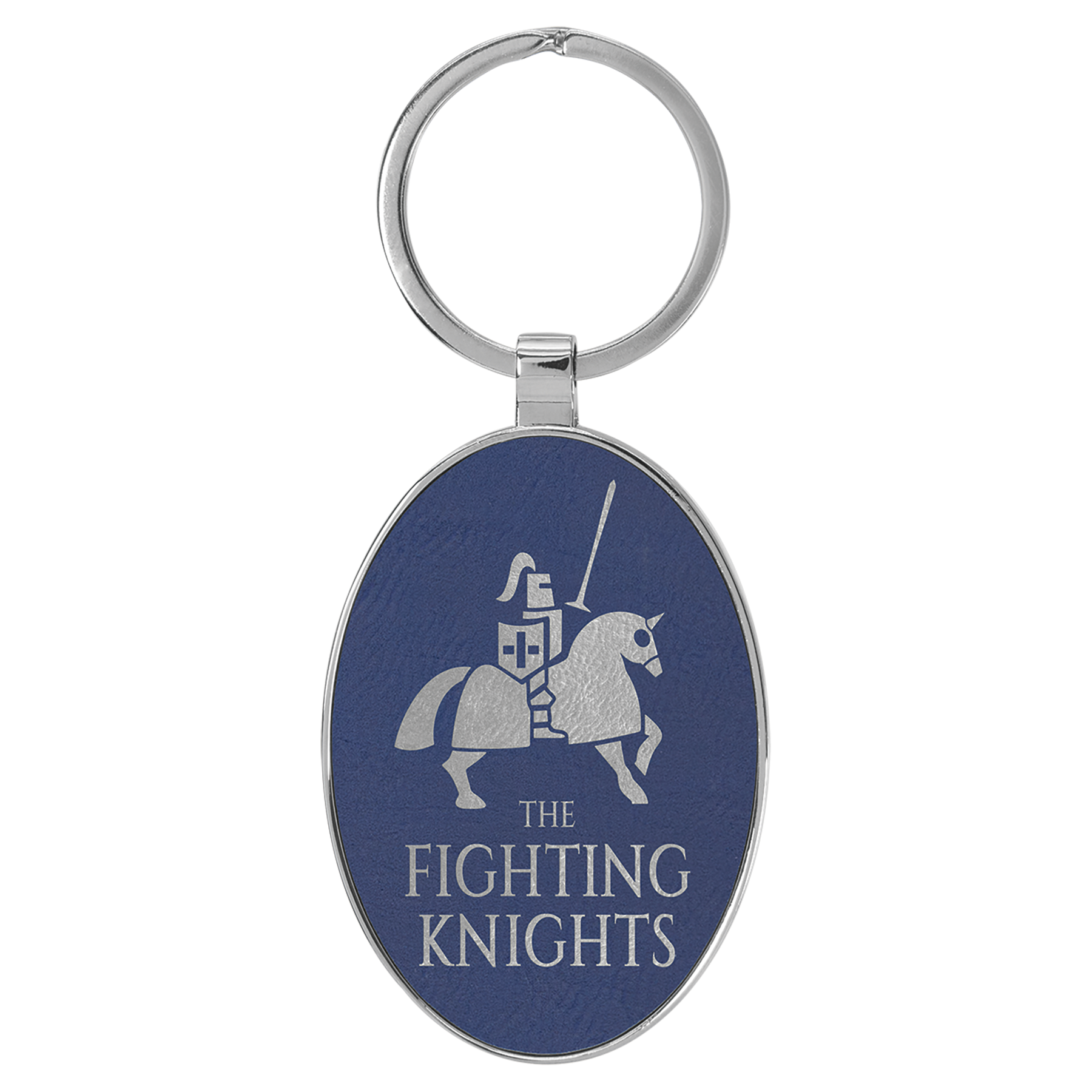 3" x 1 3/4" Leatherette/Metal Blue/Silver Oval Keychain 2