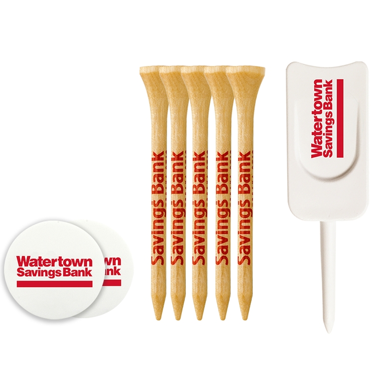 5 Wood Tees 2 3/4", 2 Ball Markers, 1 Single Prong Plastic Divot Tool