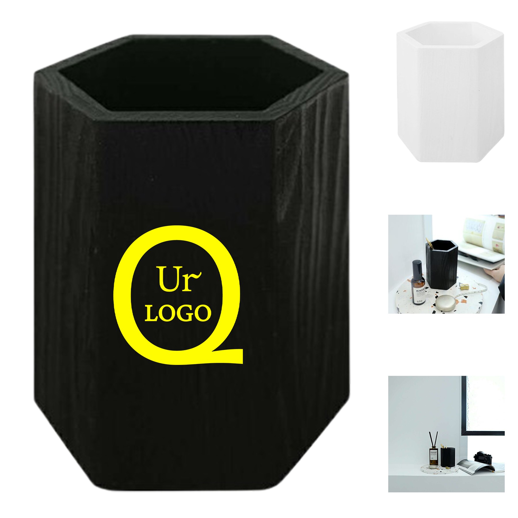 Wooden Hexagonal Desk Top Pen Holder Organizer