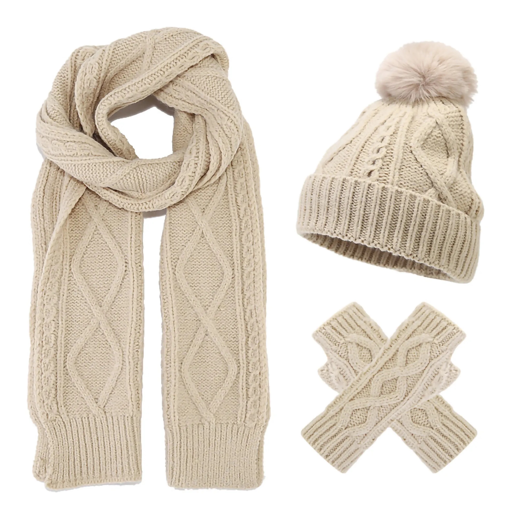 3Pcs Knit Set Hat Neck Warmer Scarf Touch Screen Gloves 2