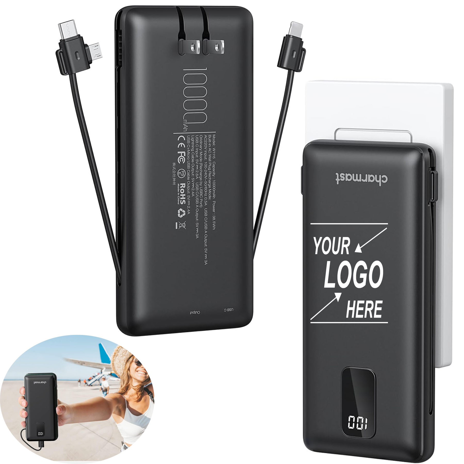 10000mAh Portable Charger with AC Wall Plug and Built-in Cables 2