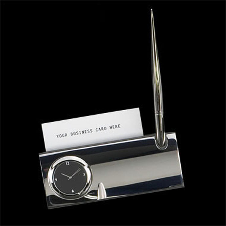SILVER PLATED BUSINESS CARD HOLDER W/ CLOCK 1