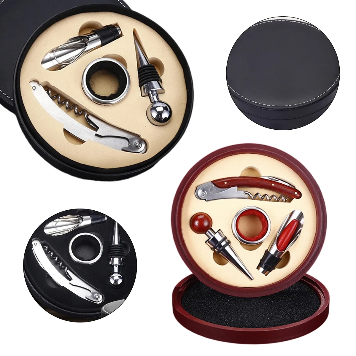 4 Piece Wine Gift Set In Round Leather Case 3