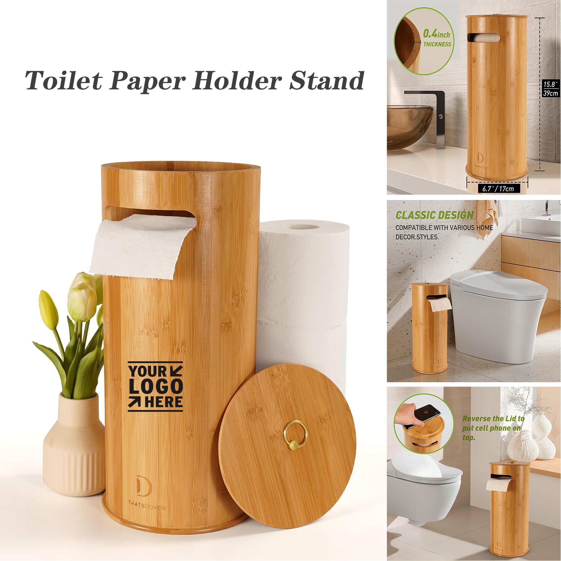 Compact 6.7x15.8 Inch Vertical Free-Standing OrganizerBamboo Toilet Paper Holder Stand 3