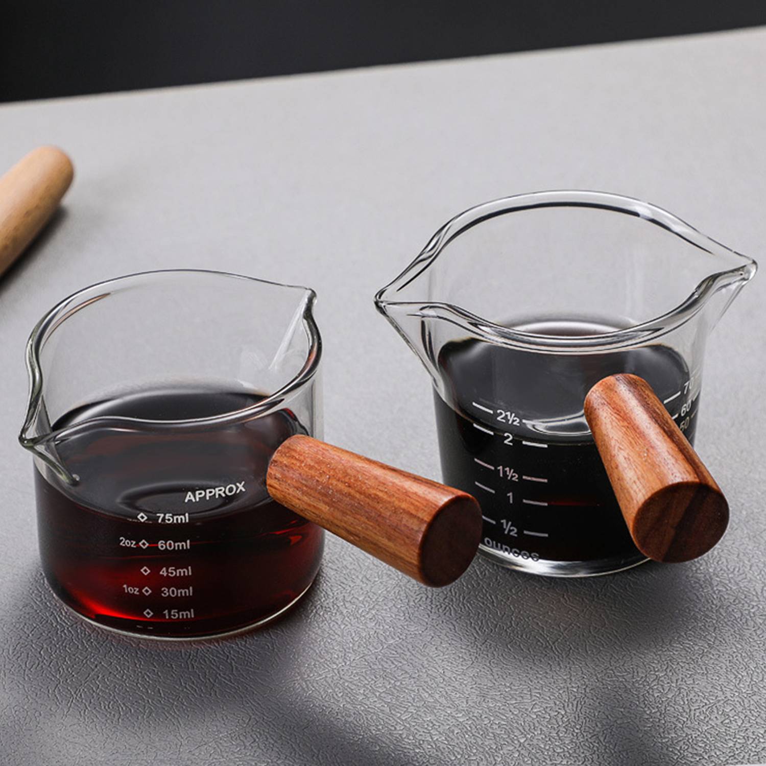 3 Oz Glass Double Spouts Measuring Cup with Wood Handle 5