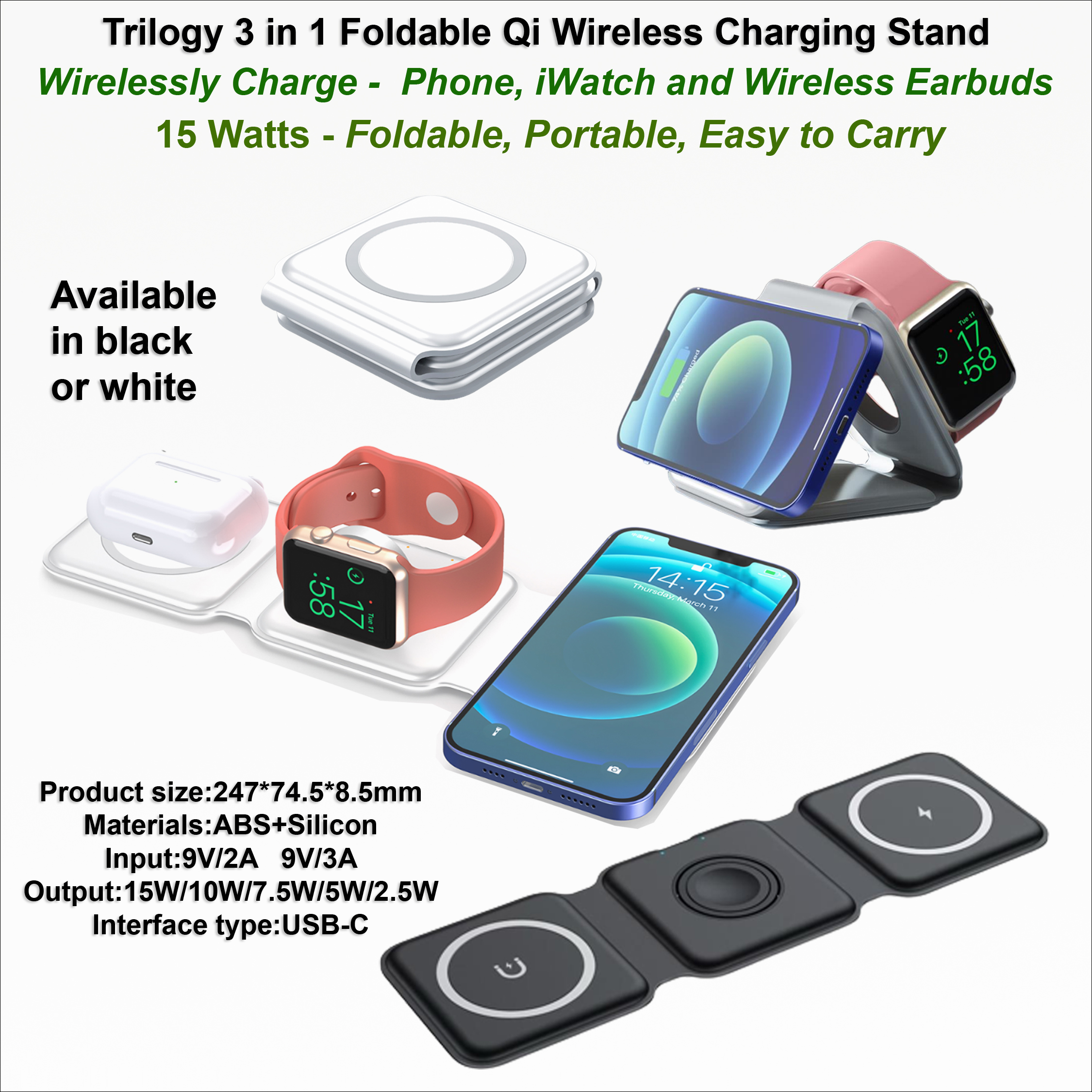 Trilogy 3 in 1 Foldable Qi Wireless Charging Stand - Mag Safe Compatible 2