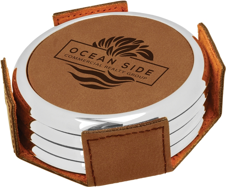 Dark Brown Leatherette Round Coaster Set of Four 2