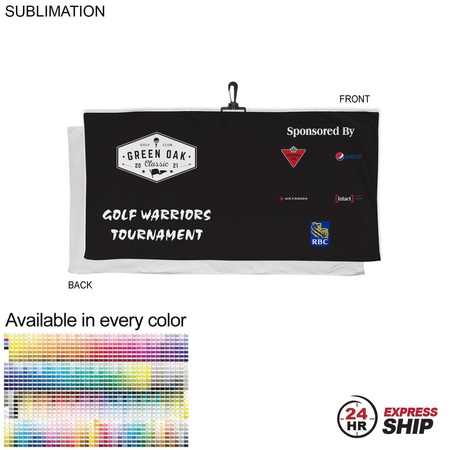 24 Hr Express Ship - Oversized Golf Towel in Soft Velour Terry, 24x48, with Black Hook, Sublimated 6