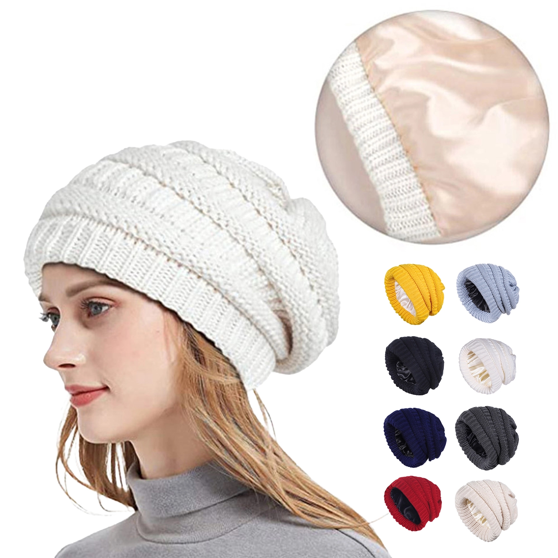 Winter Knitted Satin Lined Beanie Hats 1