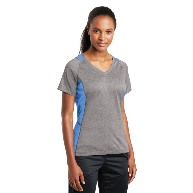Sport-Tek Women's Heather Colorblock Contender V-Neck Tee. 49