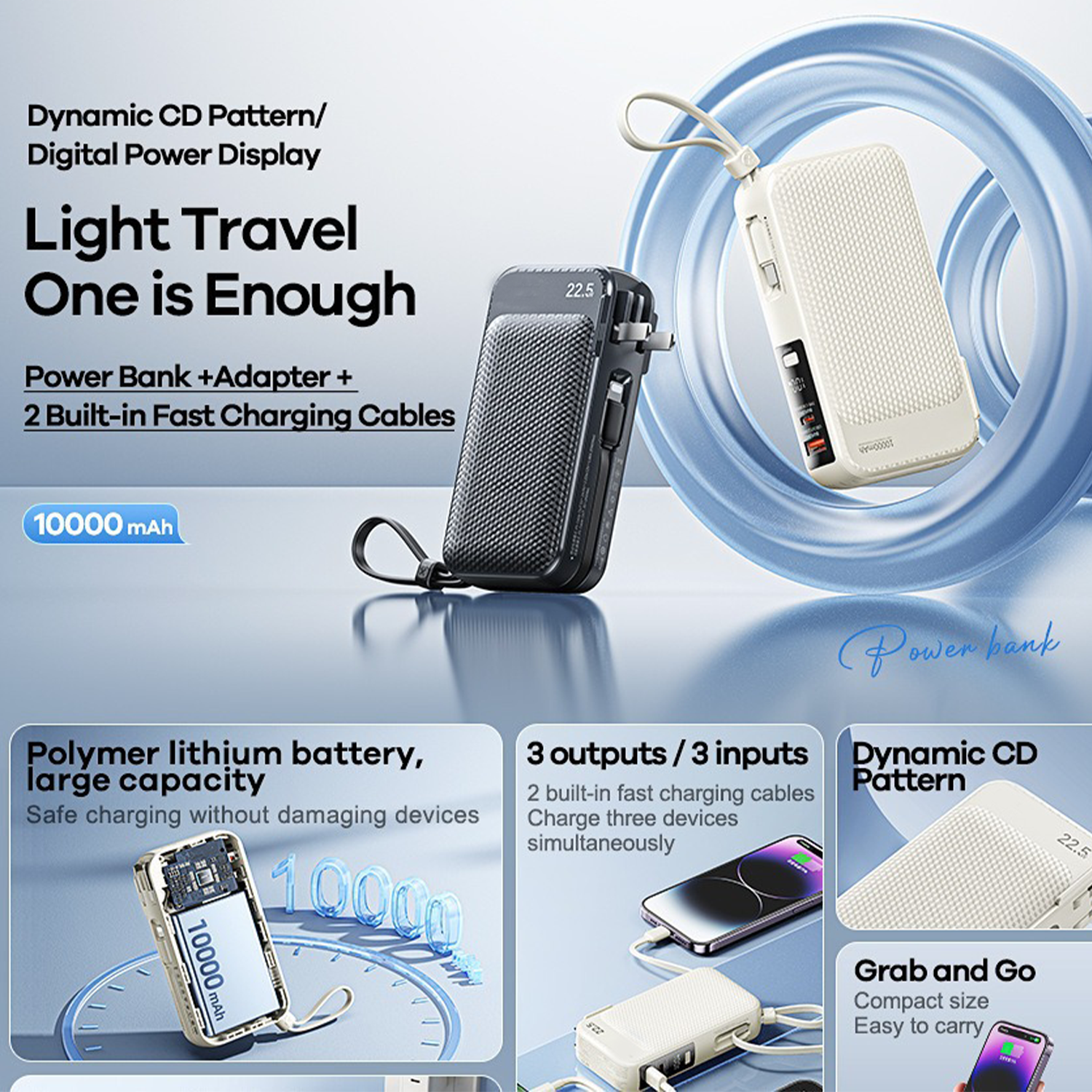 10000mAh Dual Fast Charge Travel Power Bank w/ Cables 9