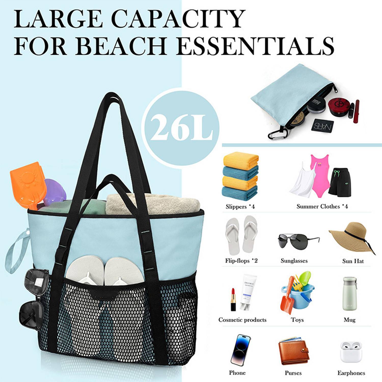 Nylon Zippered Sandproof Foldable Beach Tote Bag, custom tote bag with logo imprint 8