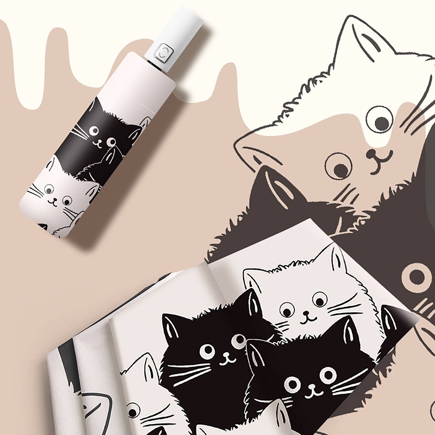8-Rib Cartoon Black And White Cat Automatic Umbrella 5