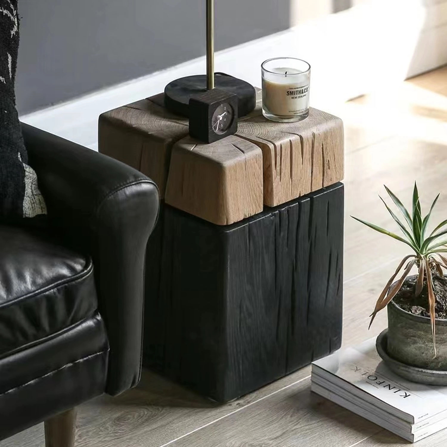 Solid Oak Wood Square Side Table With Mixed Color 4