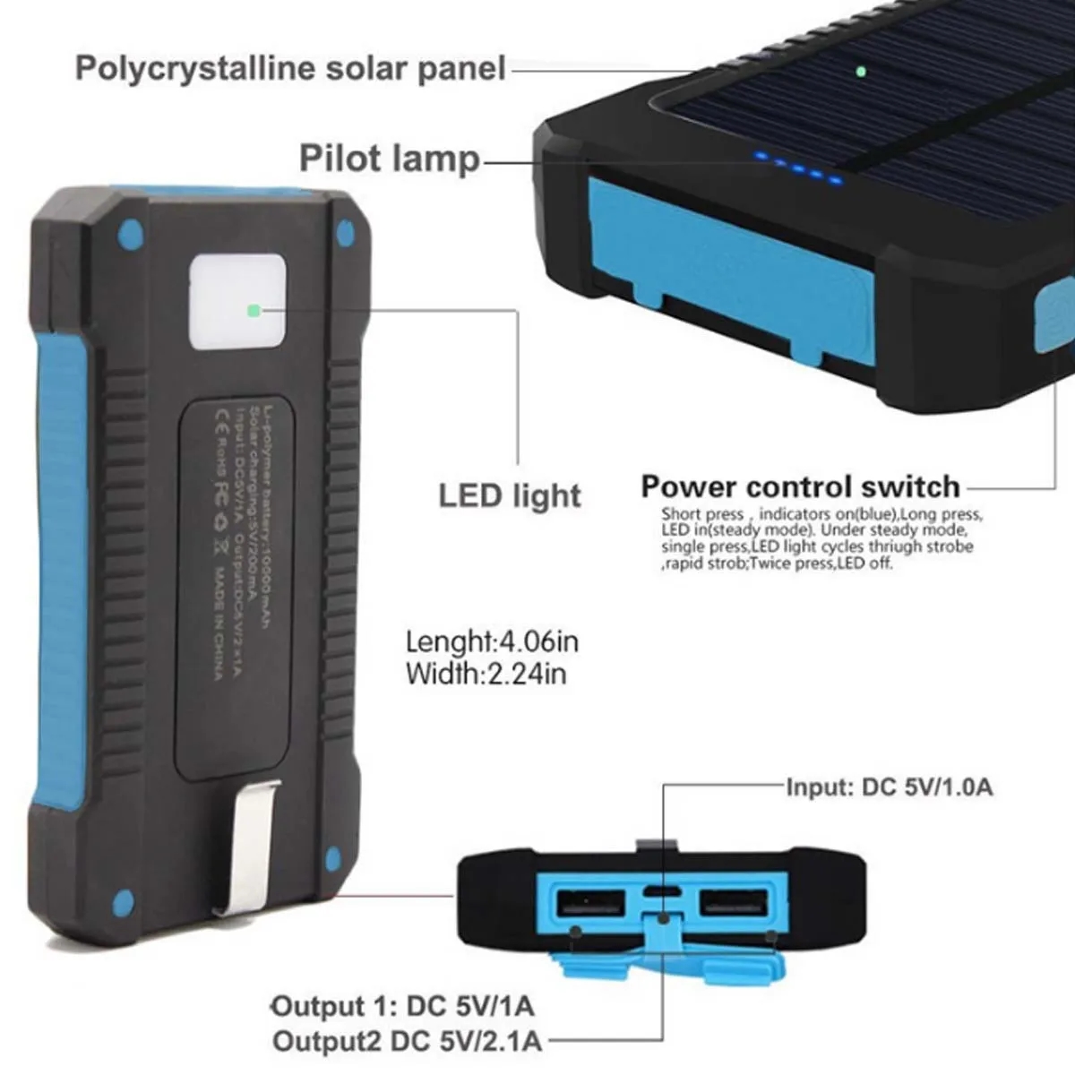 10,000-mAh Solar Power Bank W/ Flashlight compass Carabiner 4