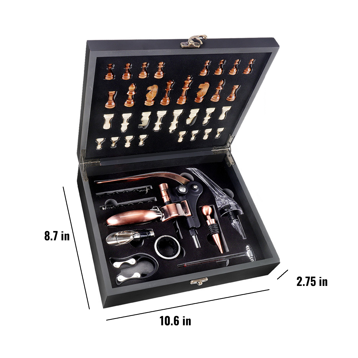 Black Wooden Box Wine Accessories W/ Chess Set 3