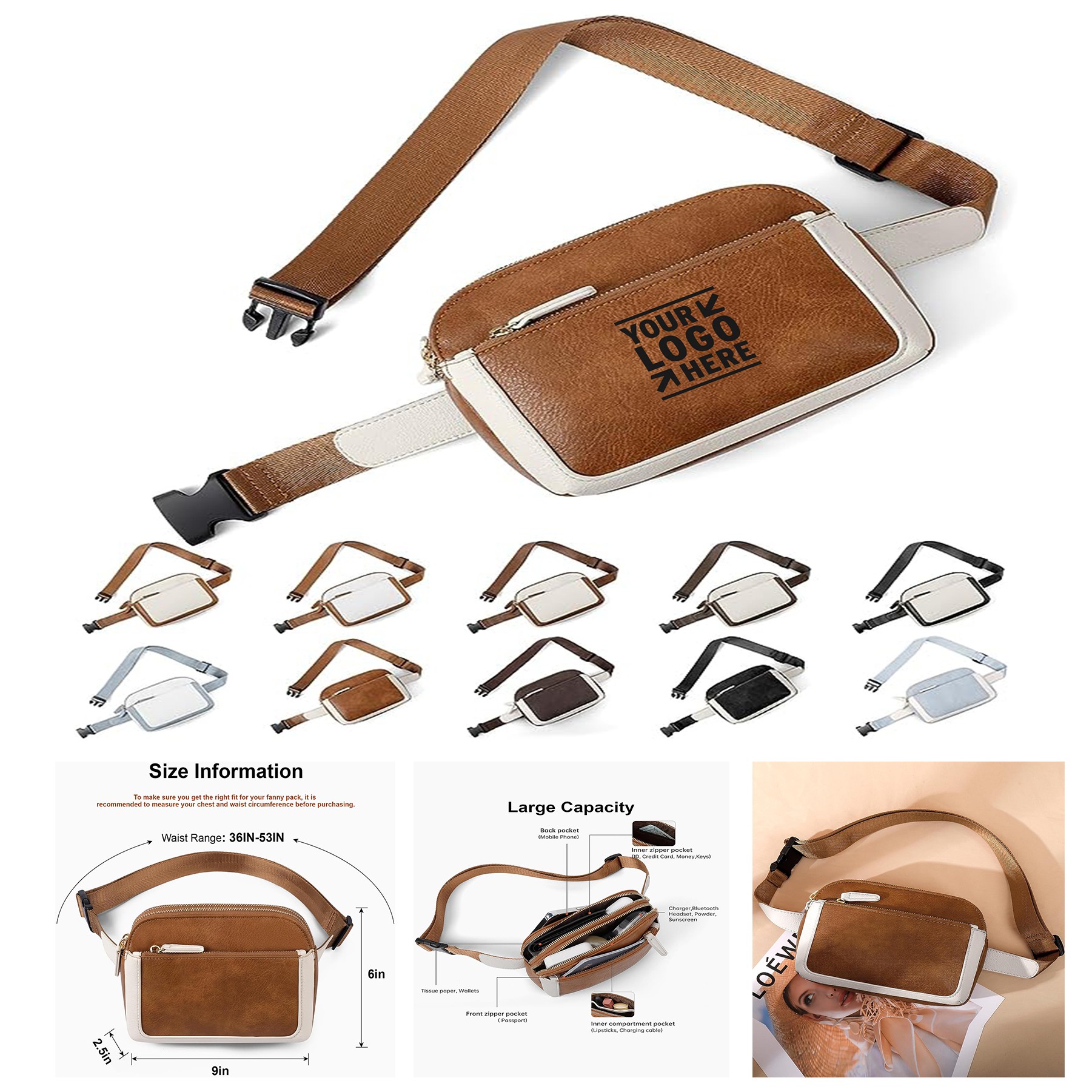 Women 4 Compartment Adjustable Strap 36-55in Fanny Pack Waterproof Pu Leather Fashion Waist Belt Bag 2