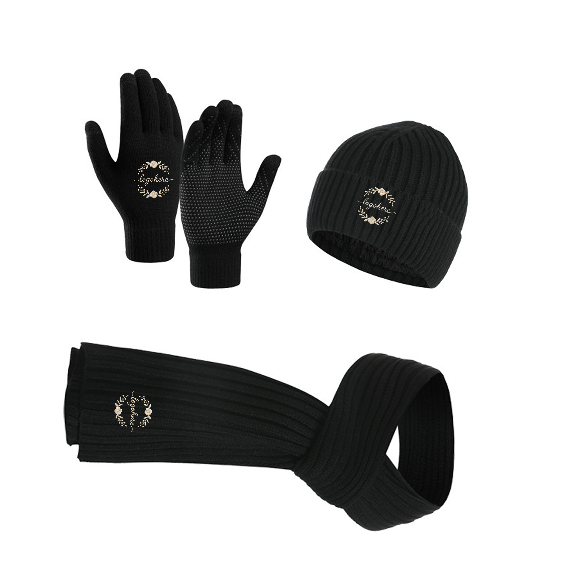 MOQ 10 Embroidered Cold Weather Combo, Beanie Scarf Touch Gloves 2