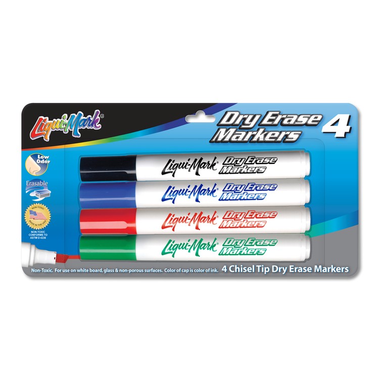 4 Pack Dry Erase, Low Odor, Chisel Tip Markers - Assorted - USA Union Made