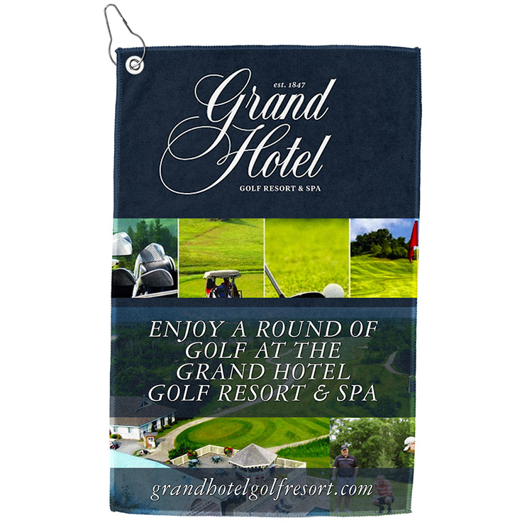 "THE IRON" Full Color Sublimation Recycled RPET 300 GSM Golf Towel with Metal Grommet and Clip - 12" 3