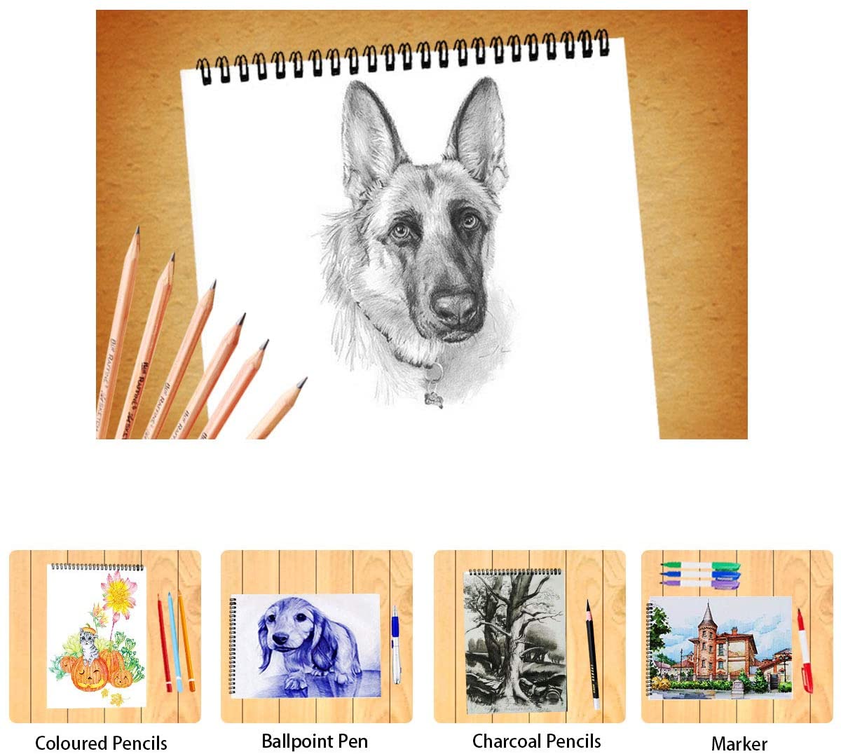 Sketchbook/Sketchpad w/ Spiral Bound Hard Kraft Cover for Art Supplies--30 Sheets 160gsm 13