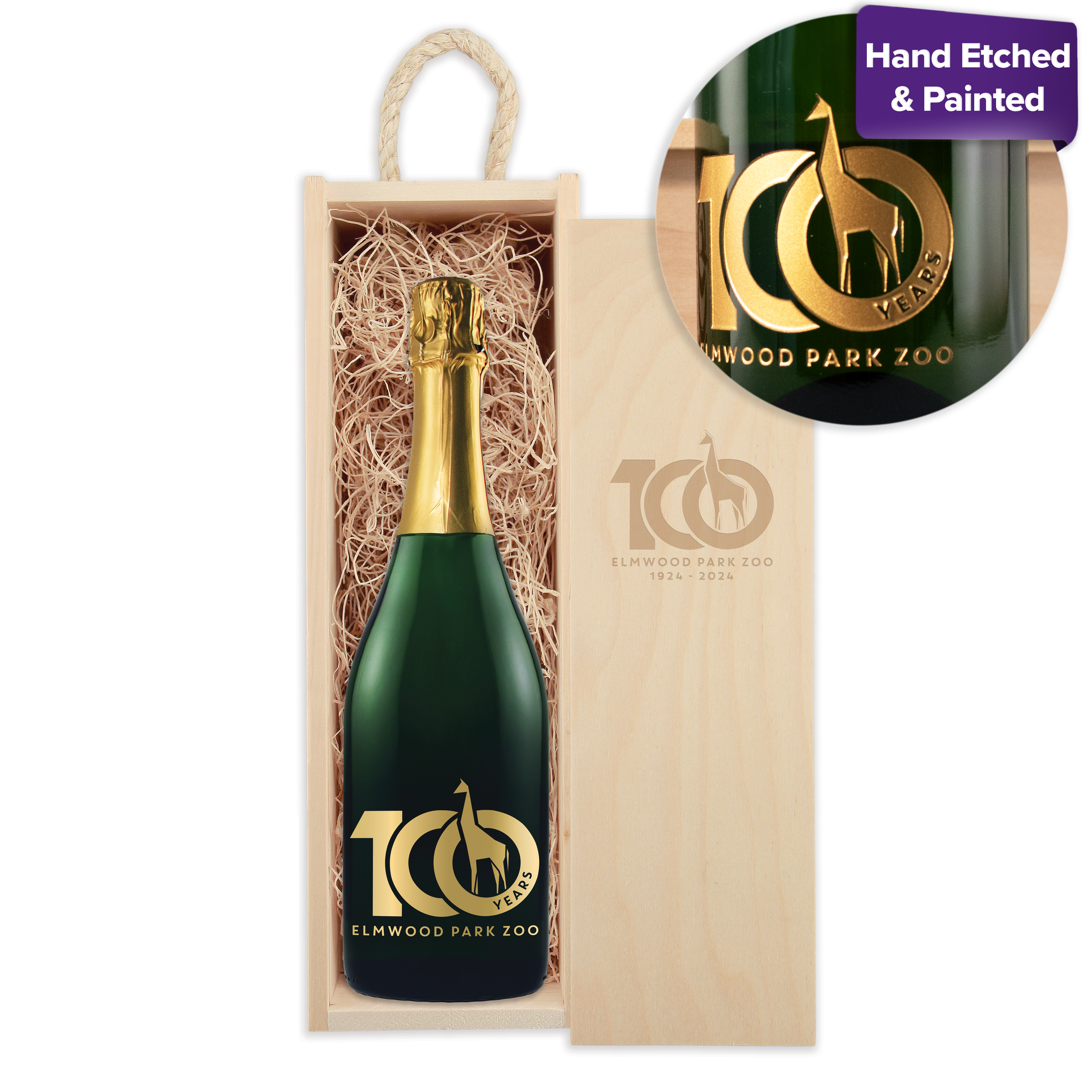 Laser-Engraved Wood Box w/Custom Etched Sparkling Wine Bottle 3