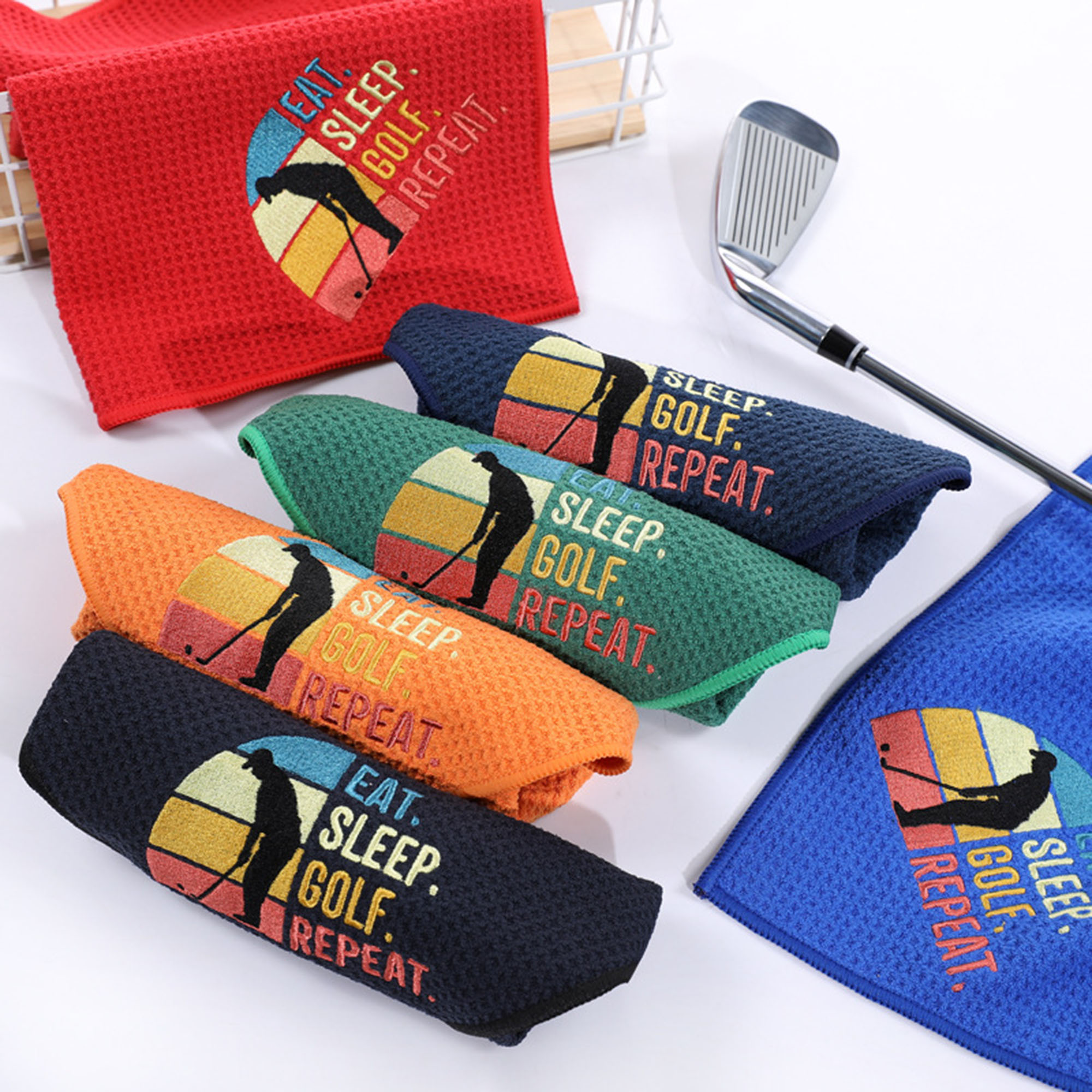 Embroidered 400GSM Magnetic Leather Clip Microfiber Waffle Golf Towel 2