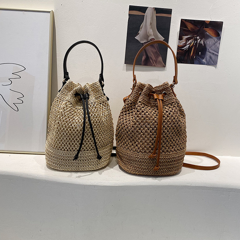 Jute Woven Beach Drawstring Hobo Bucket Purses Handbag 5