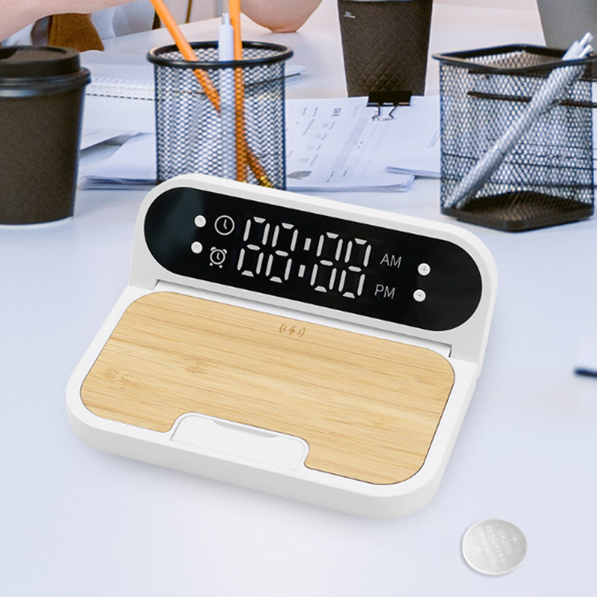 Bamboo Wireless Charging Clock Stand with LED Display 6