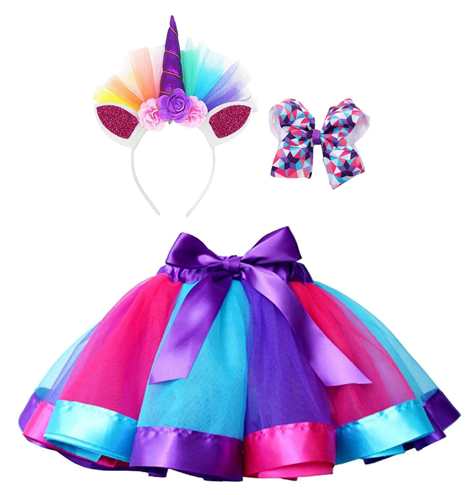Rainbow Layered Tulle Tutu Skirt Unicorn Headband/Hair Bow 4