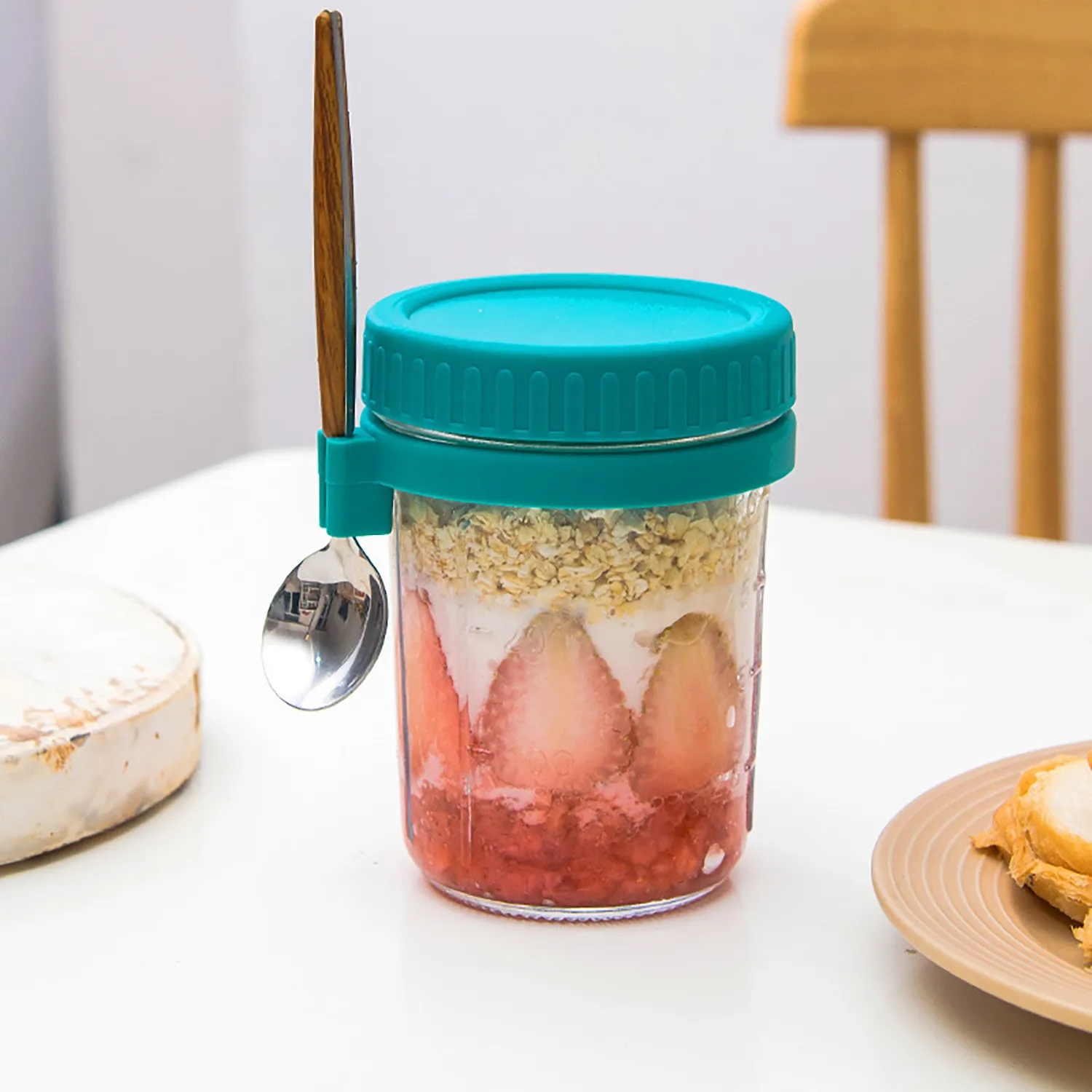 Overnight Oatmeal Cup Glass with Lid and Spoon 8