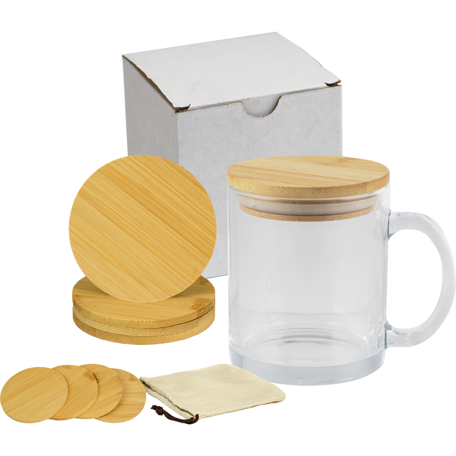 Glass Mug & Bamboo Coaster Gift Set in White Box 4