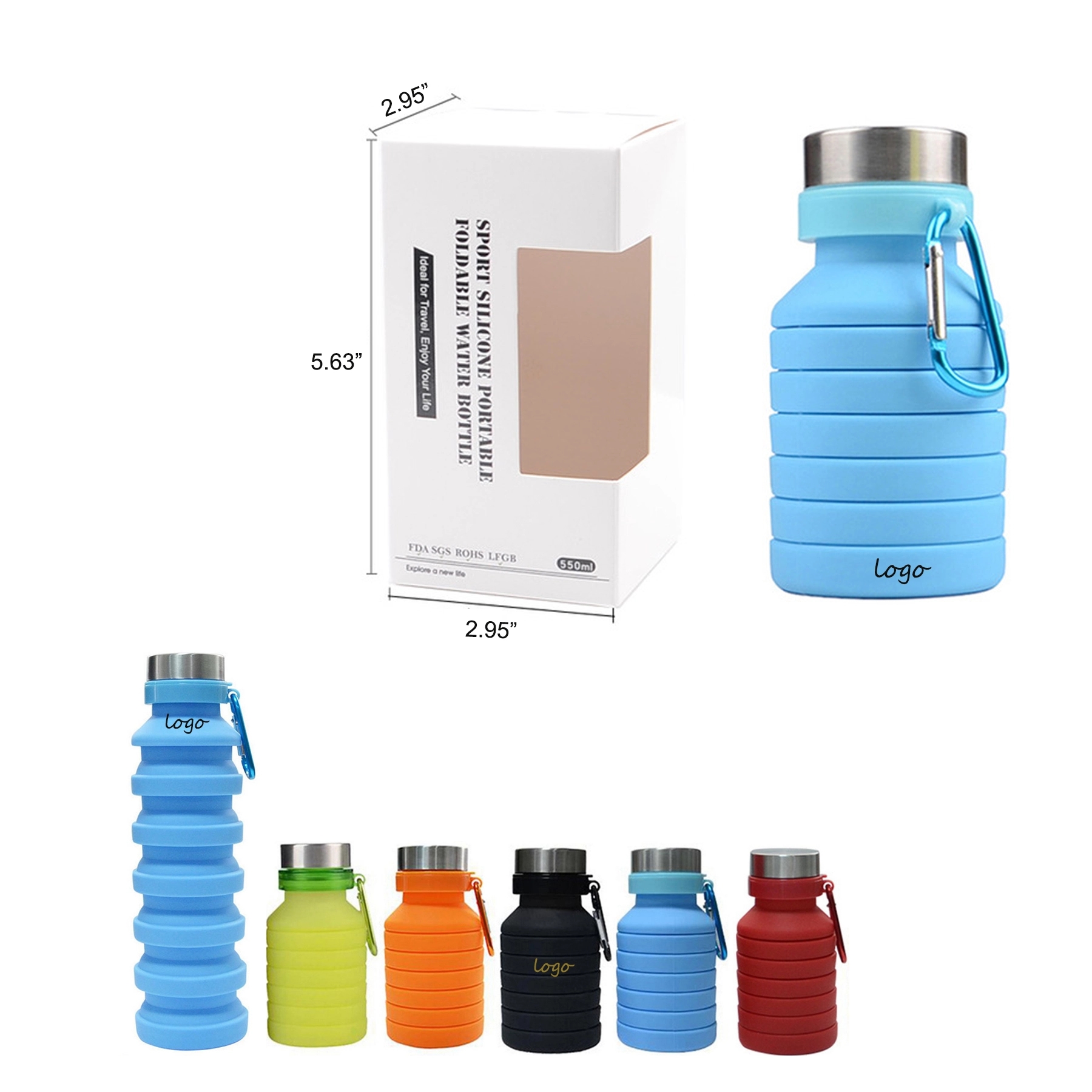 18.5 oz Collapsible Silicone Water Bottle With Carabiner 6