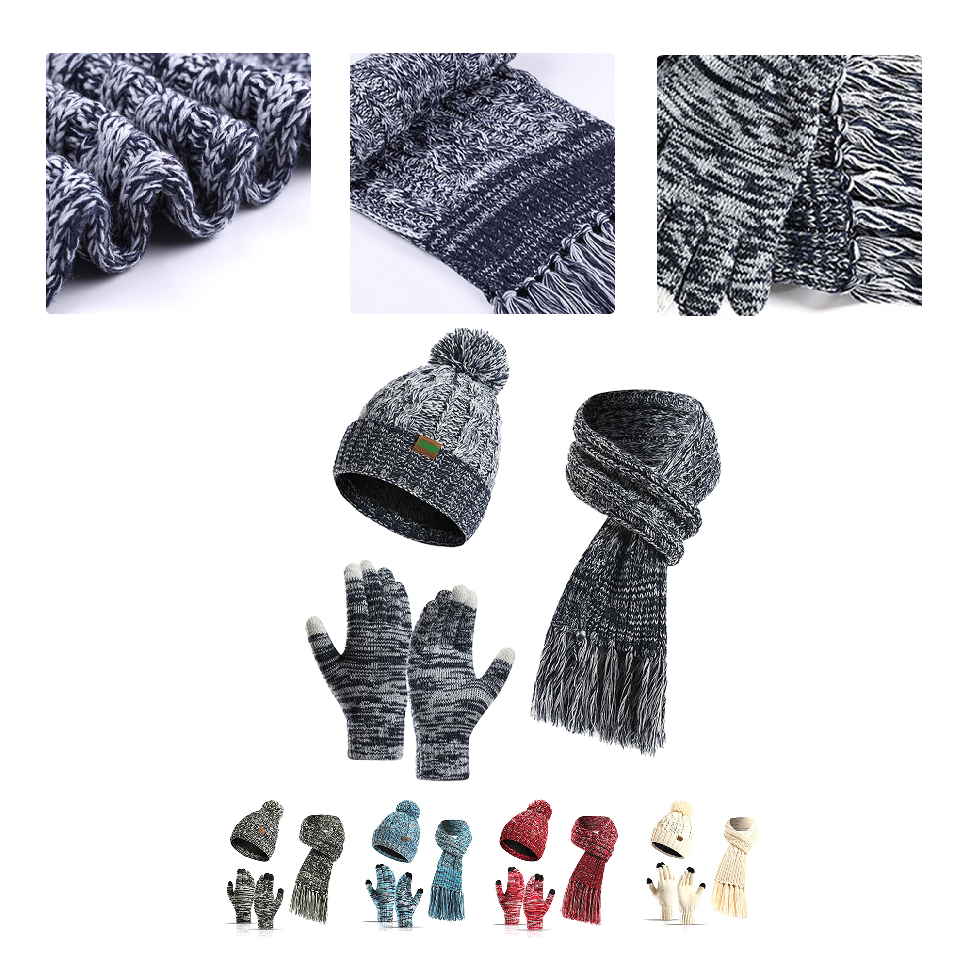 MOQ50 Custom Winter Knit Hat Scarf Touchscreen Gloves Set 1