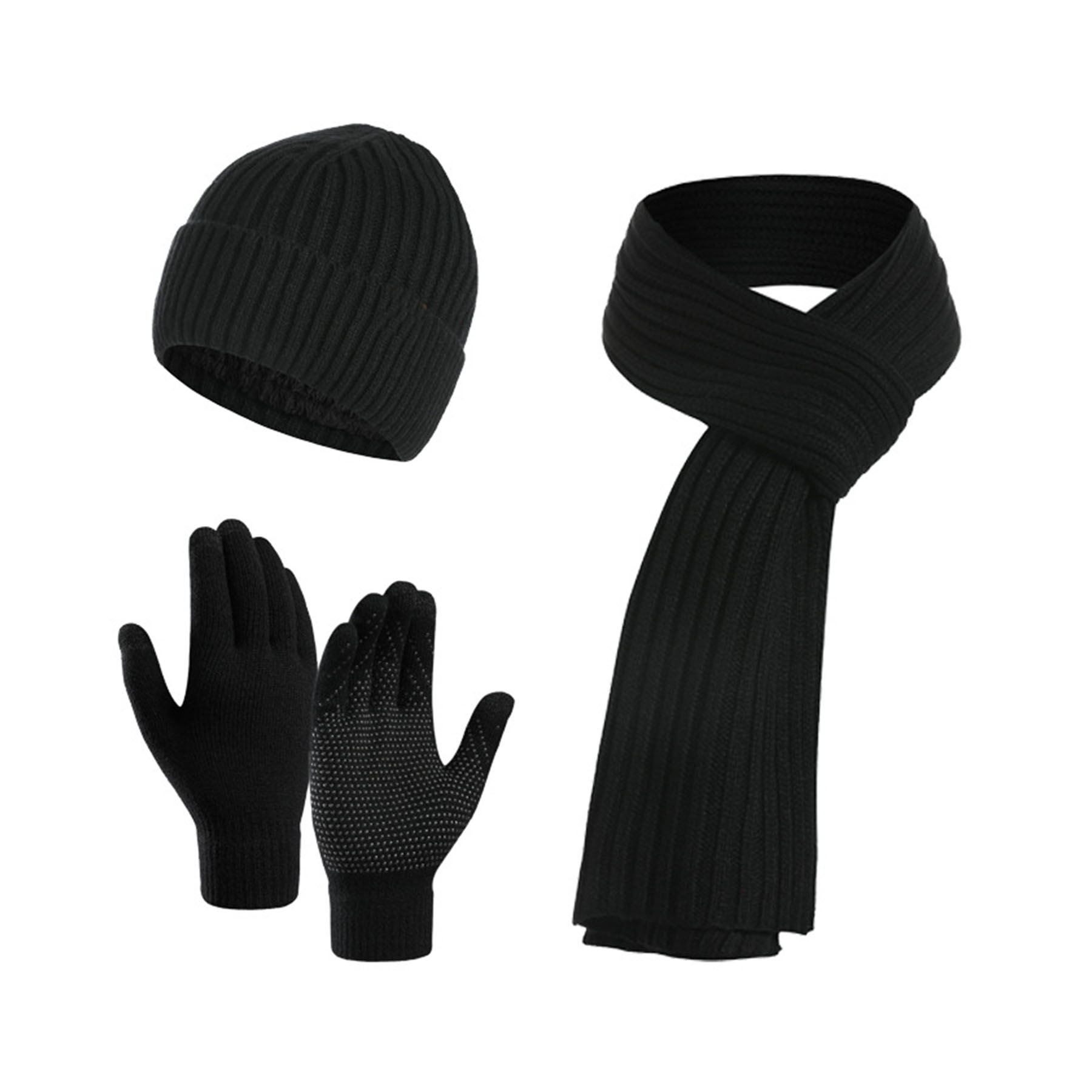Winter Knit Hat Beanie Long Neck Scarf Touchscreen Gloves Set 3