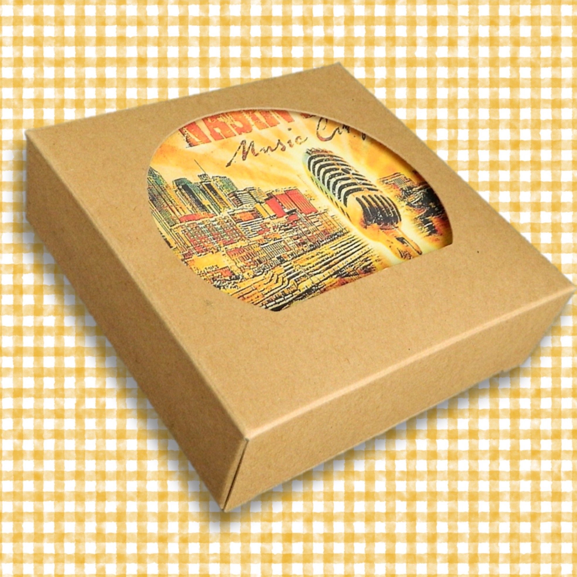 Set of 4 Square Absorbent Stone Coasters in Kraft Window Box - Basic Print 4